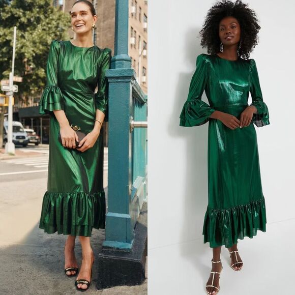 NEW Tuckernuck Dress Emerald Green Lillith Lurex Crinkle Midi Dress Size M‎ - Picture 1 of 10